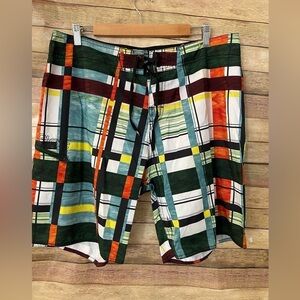 Body Glove Mens sz 36 Board Shorts Orange Plaid Pull On Tie Closure Swimwear